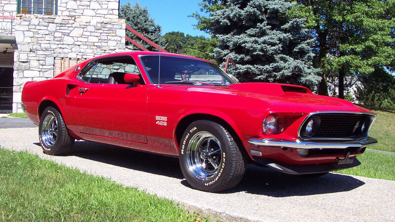 Red Classic Muscle Car — Bright, Afternoon, Photograph, Stone House