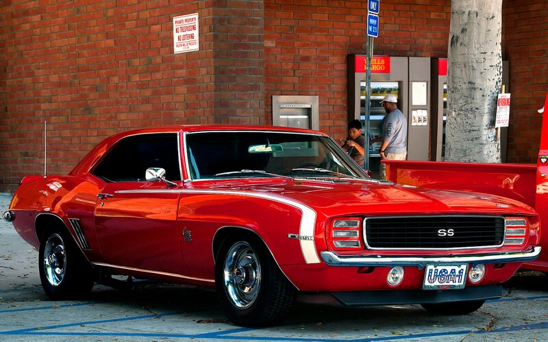 Red Classic Muscle Car — Calm, Afternoon, Photograph, Atm Machine