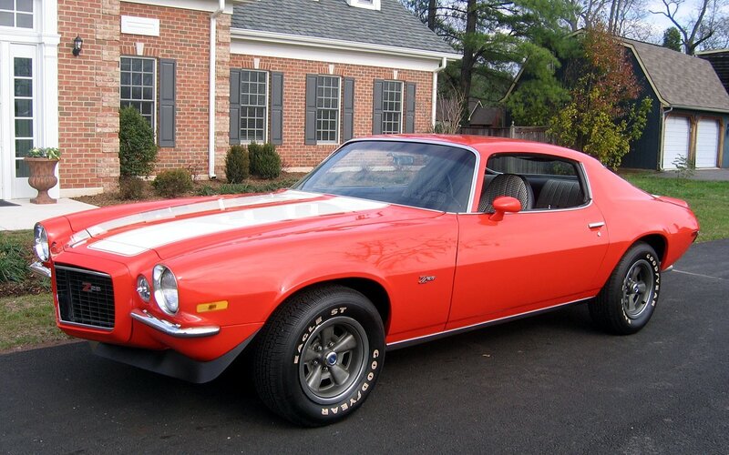 Red Classic Muscle Car — Calm, Afternoon, Photograph, Brick House