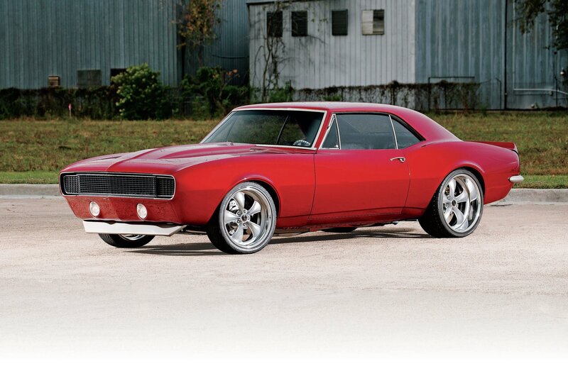 Red Classic Muscle Car — Calm, Afternoon, Photograph, Building