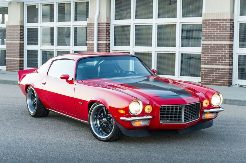 Red Classic Muscle Car — Calm, Afternoon, Photograph, Building, Windows