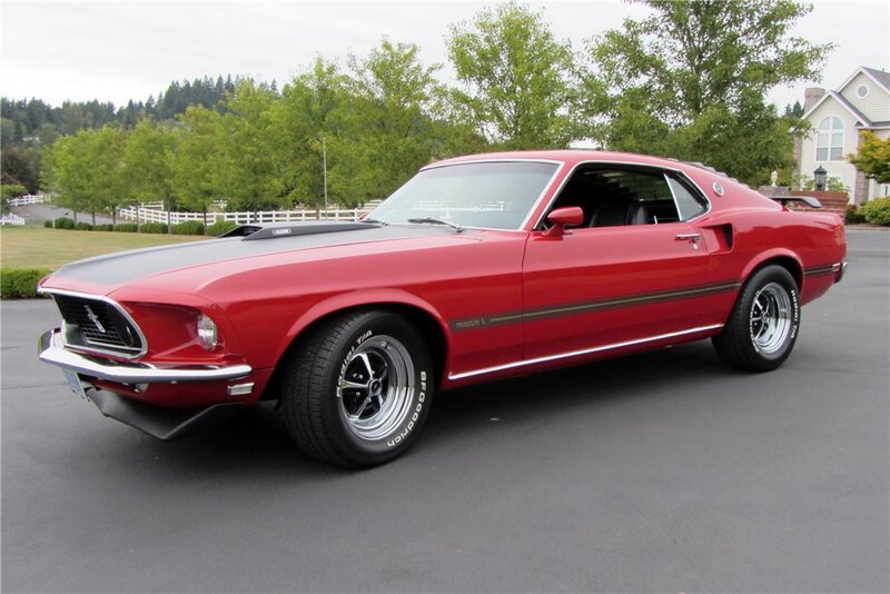 Red Classic Muscle Car — Calm, Afternoon, Photograph, House, Trees