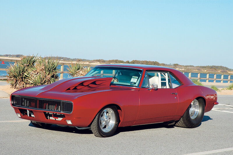 Red Classic Muscle Car — Calm, Afternoon, Photograph, Palm Trees