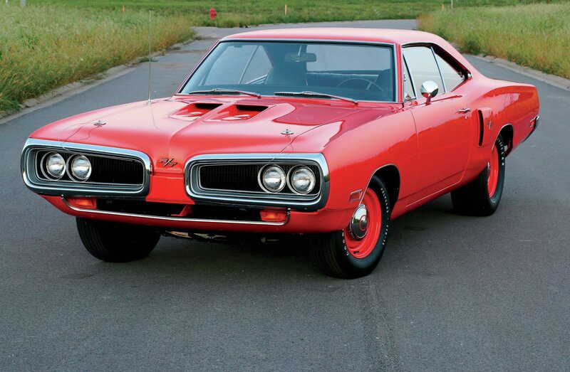 Red Classic Muscle Car — Calm, Afternoon, Photograph, Road, Grass, Fire Hydrant