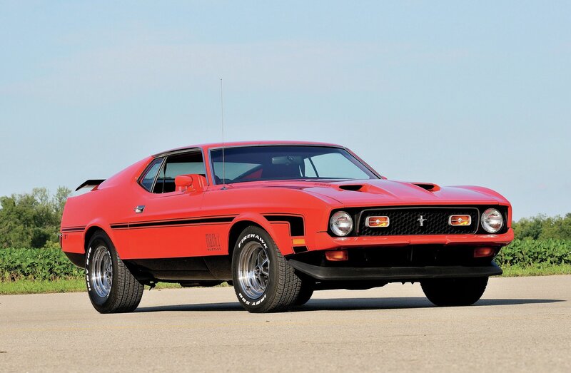 Red Classic Muscle Car — Calm, Afternoon, Photograph, Road, Trees