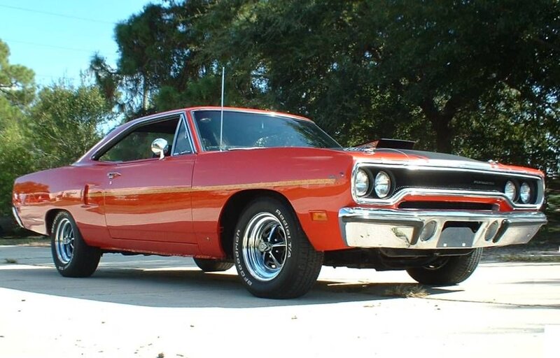 Red Classic Muscle Car — Calm, Afternoon, Photograph, Trees, Antenna