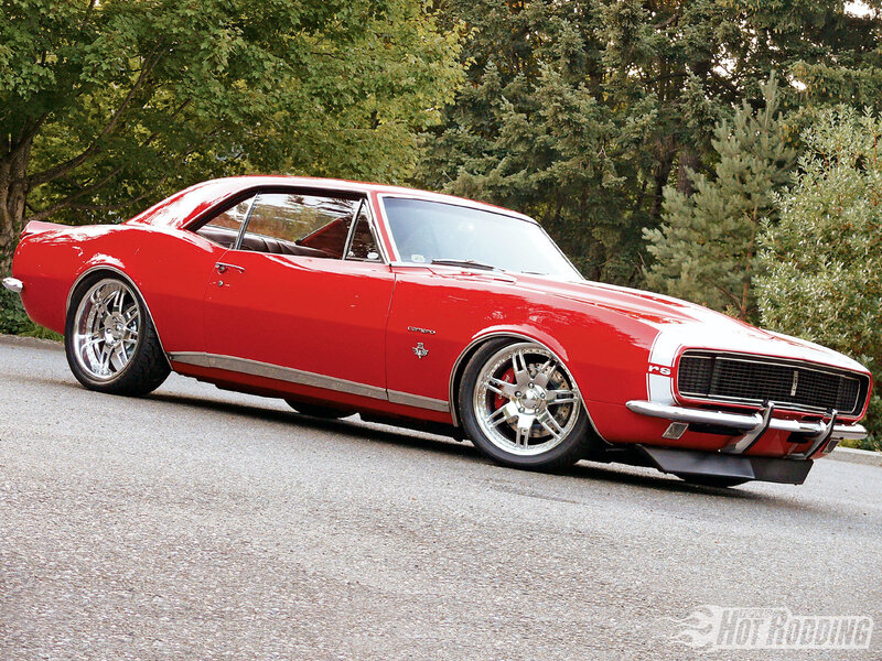 Red Classic Muscle Car — Calm, Afternoon, Photograph, Trees, Asphalt, Chrome Wheels