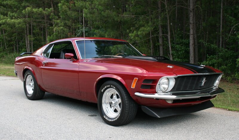 Red Classic Muscle Car — Calm, Afternoon, Photograph, Trees, Asphalt