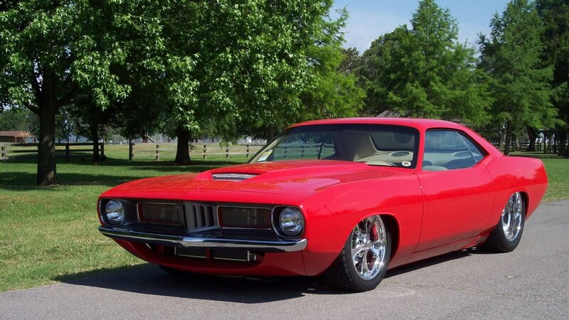 Red Classic Muscle Car — Calm, Afternoon, Photograph, Trees, Grass
