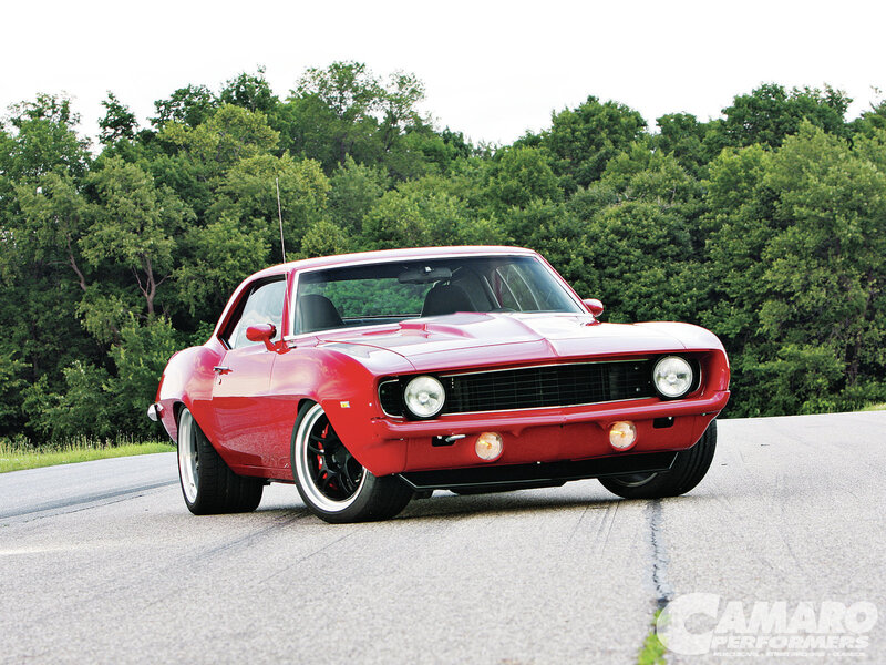Red Classic Muscle Car — Calm, Afternoon, Photograph, Trees, Road