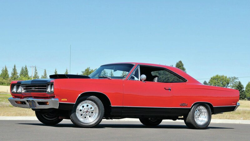 Red Classic Muscle Car — Calm, Afternoon, Photograph, Trees, Sky