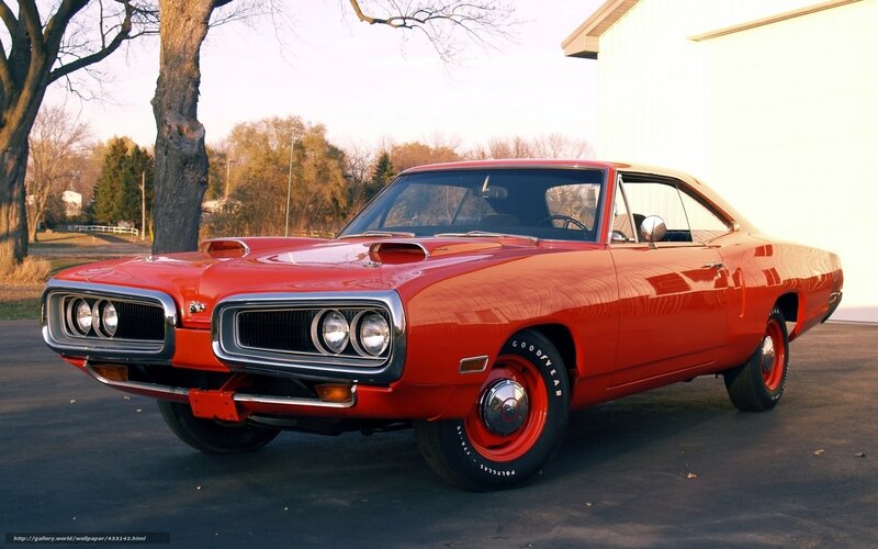 Red Classic Muscle Car — Calm, Sunset, Photograph, Tree