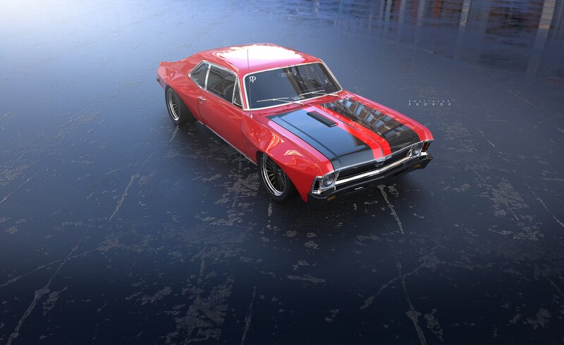 Red Classic Muscle Car — Dramatic, 3d Render, Hood Stripes
