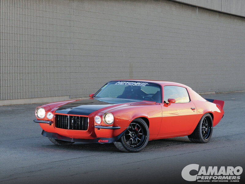Red Classic Muscle Car — Dramatic, Afternoon, Photograph, Building