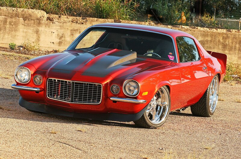 Red Classic Muscle Car — Dramatic, Afternoon, Photograph, Concrete Wall
