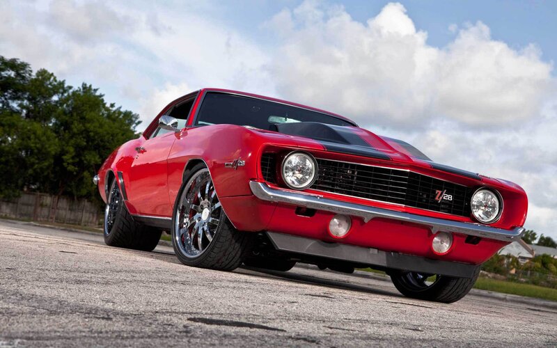 Red Classic Muscle Car — Dramatic, Afternoon, Photograph, Road, Trees, Sky