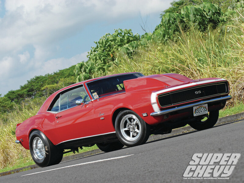 Red Classic Muscle Car — Dramatic, Afternoon, Photograph, Road, Trees