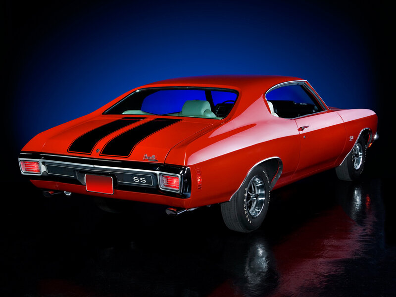 Red Classic Muscle Car — Dramatic, Photograph, Black Stripes