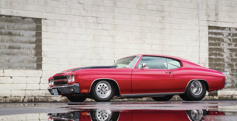 Red Classic Muscle Car — Dramatic, Photograph, Concrete Wall