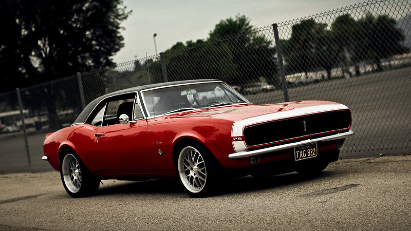 Red Classic Muscle Car — Dramatic, Photograph, Fence