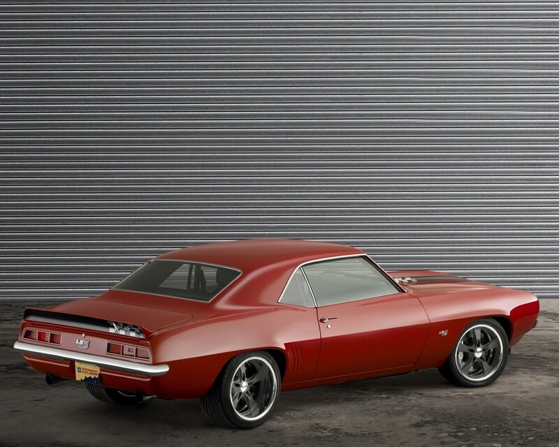 Red Classic Muscle Car — Dramatic, Photograph, Garage Door, Wheels, Gray