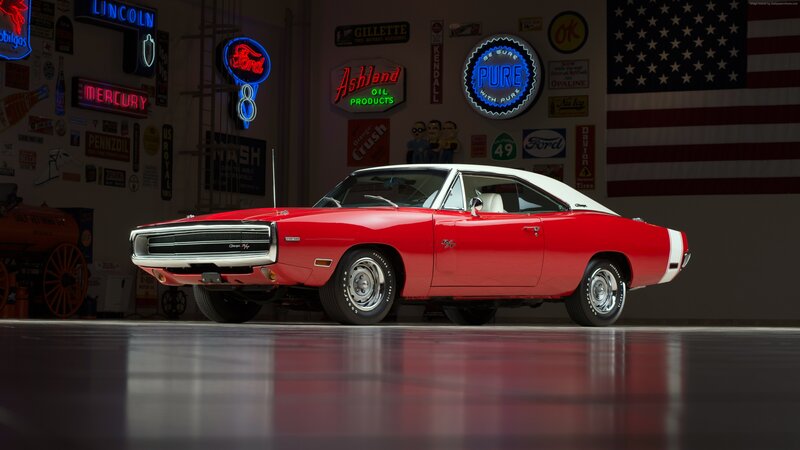 Red Classic Muscle Car — Dramatic, Photograph, Neon Signs