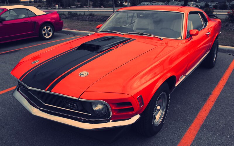 Red Classic Muscle Car — Dramatic, Photograph, Parking Lot
