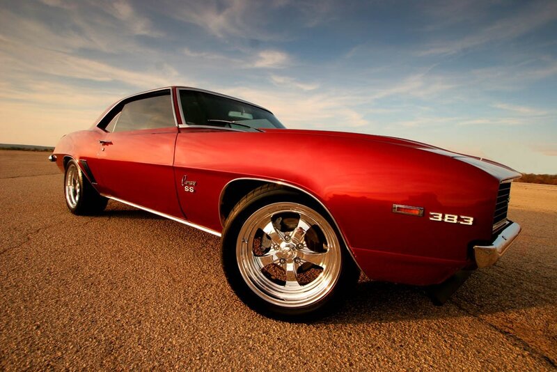 Red Classic Muscle Car — Dramatic, Sunset, Photograph, Asphalt