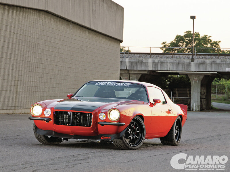 Red Classic Muscle Car — Dramatic, Sunset, Photograph, Concrete Building