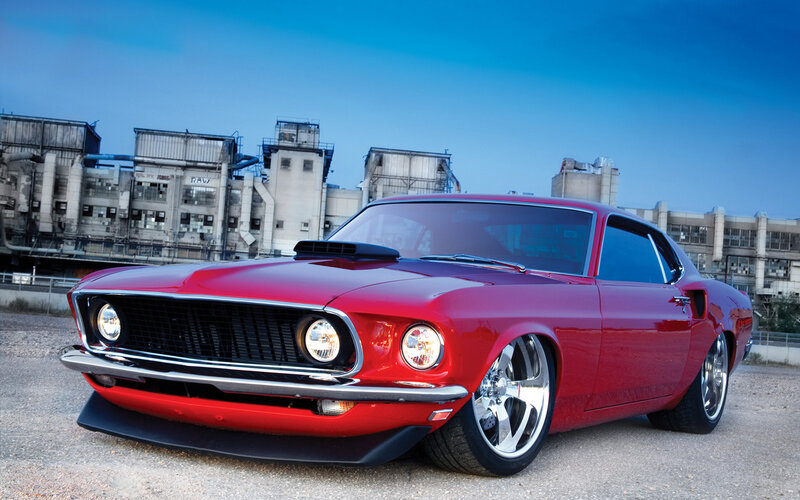 Red Classic Muscle Car — Dramatic, Sunset, Photograph, Industrial Buildings