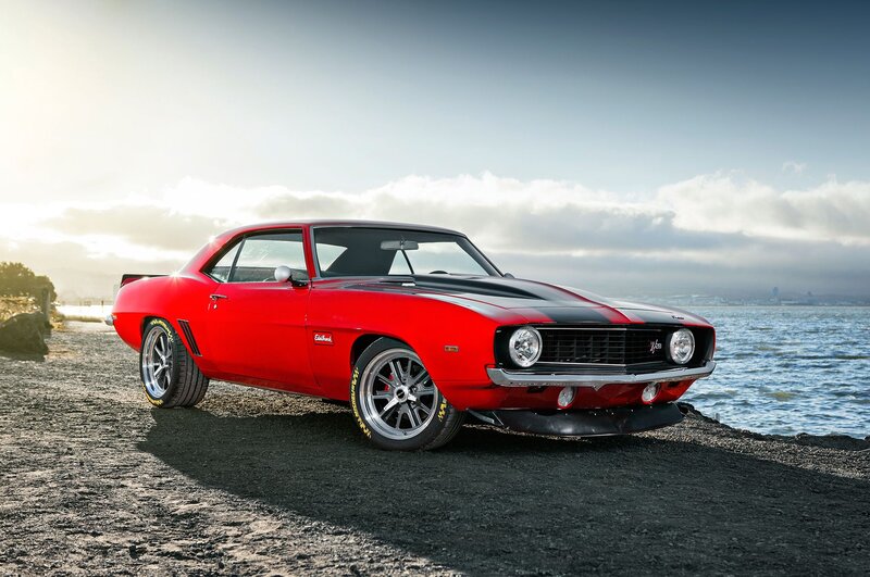 Red Classic Muscle Car — Dramatic, Sunset, Photograph, Sea