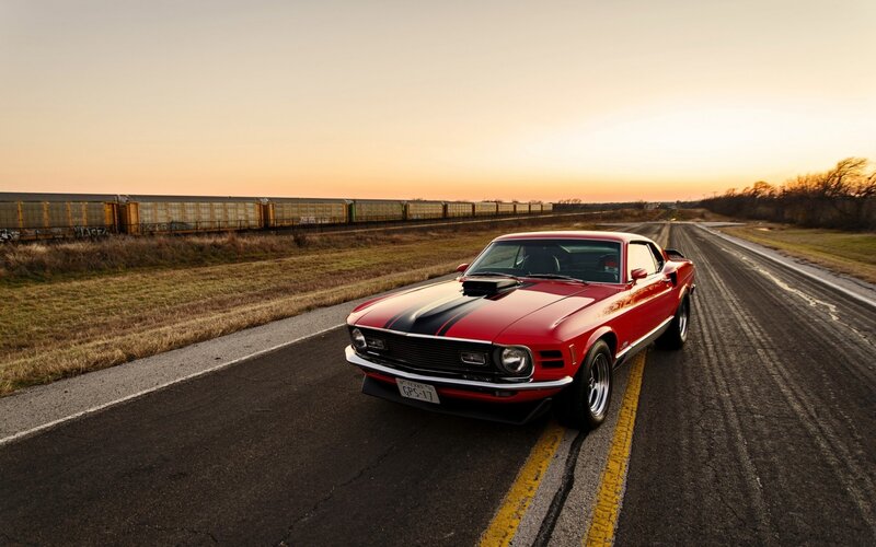 Red Classic Muscle Car — Dramatic, Sunset, Photograph, Train