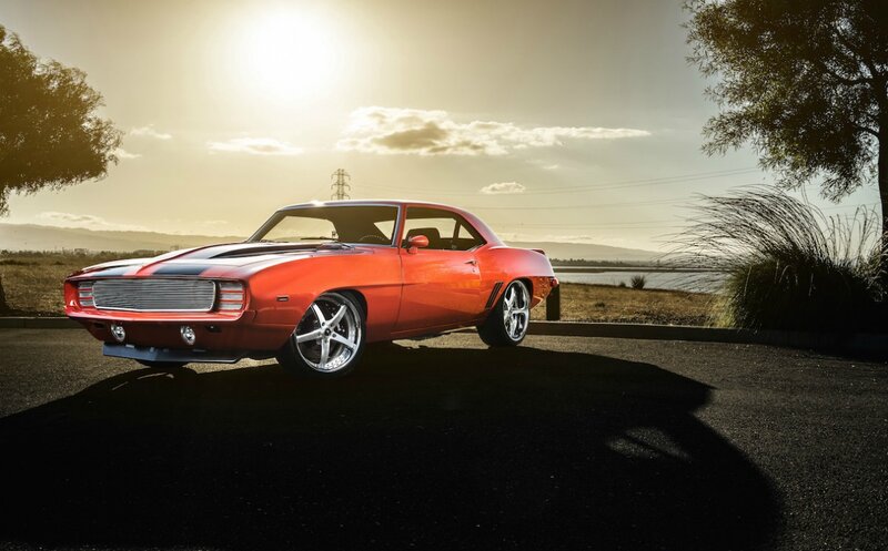 Red Classic Muscle Car — Dramatic, Sunset, Photograph, Trees, Sky