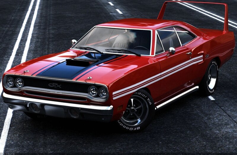 Red classic muscle car on road