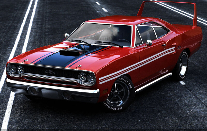 Red classic muscle car on road
