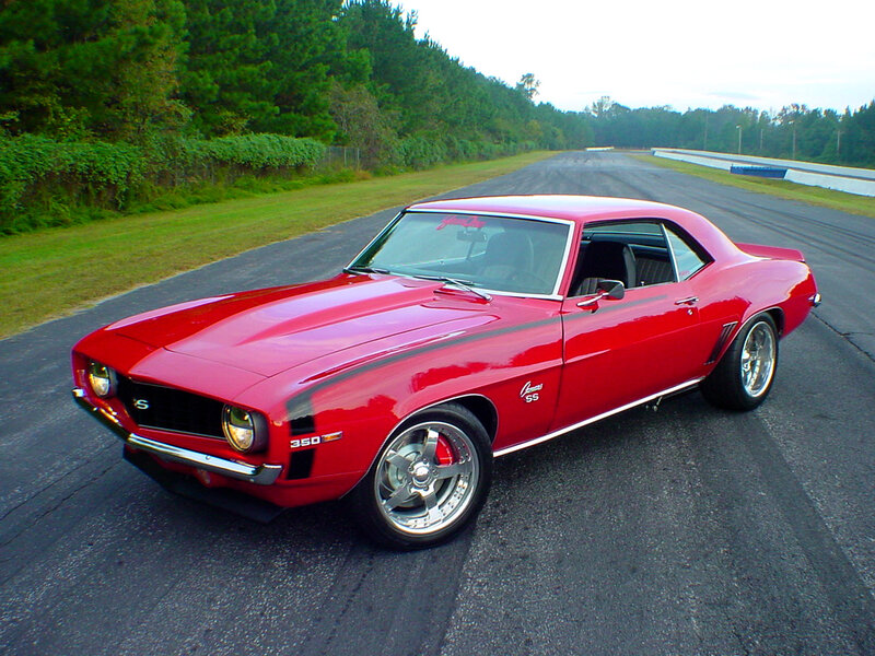 Red classic muscle car on track