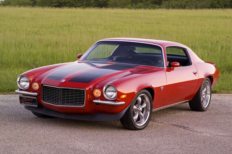 Red Classic Muscle Car — Serene, Afternoon, Photograph, Field, Road