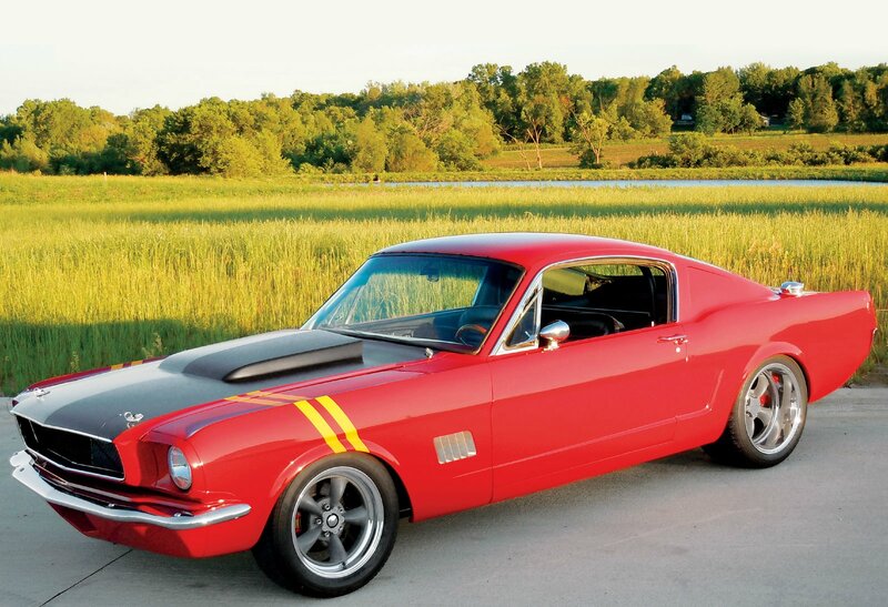 Red Classic Muscle Car — Serene, Afternoon, Photograph, Field, Trees