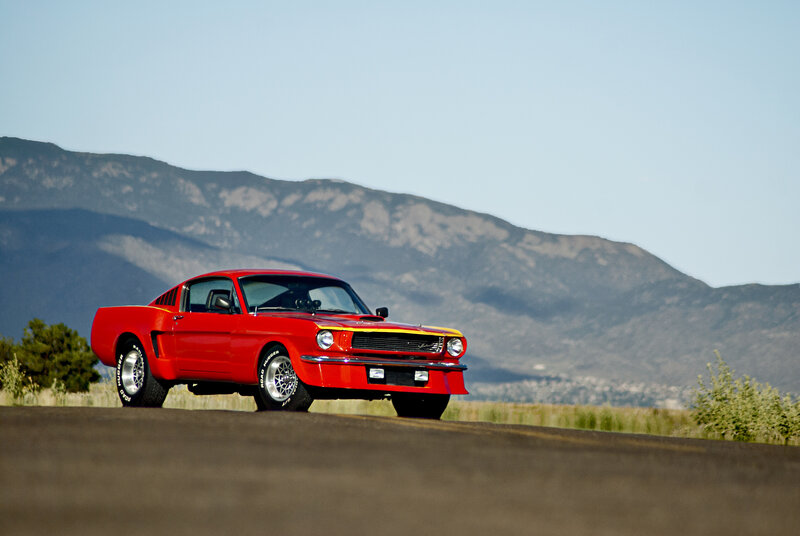 Red Classic Muscle Car — Serene, Afternoon, Photograph, Mountains