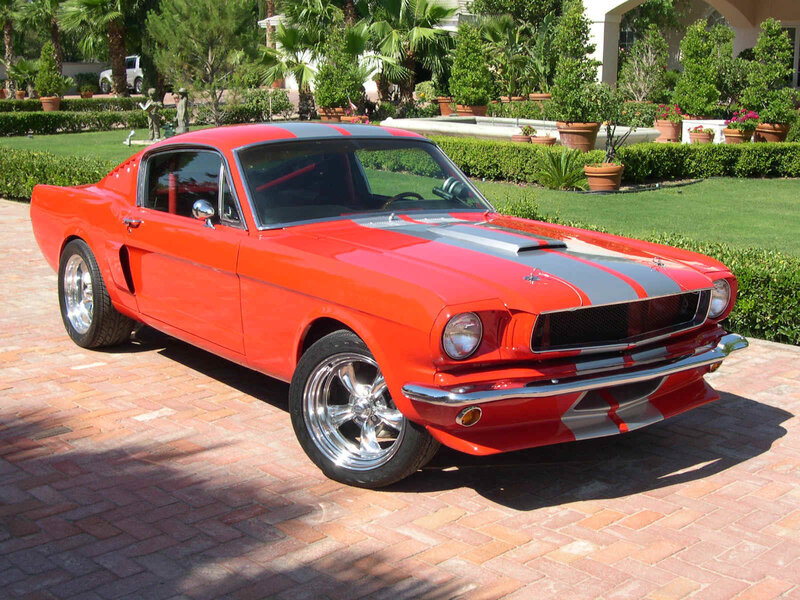 Red Classic Muscle Car — Serene, Afternoon, Photograph, Palm Trees, Hedge