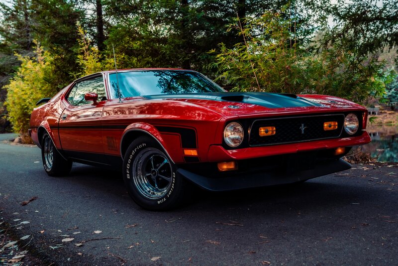 Red Classic Muscle Car — Serene, Afternoon, Photograph, Trees, Road