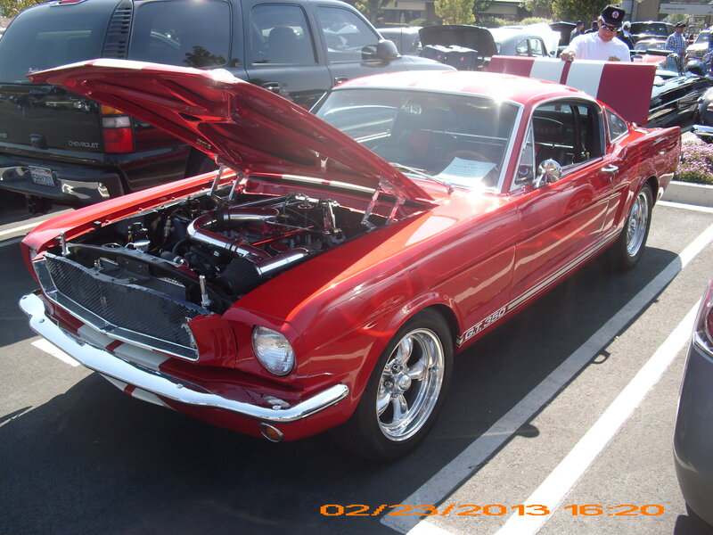 Red Classic Muscle Car — Showcase, Afternoon, Photograph, Car Show, Open Hood, Parking Lot