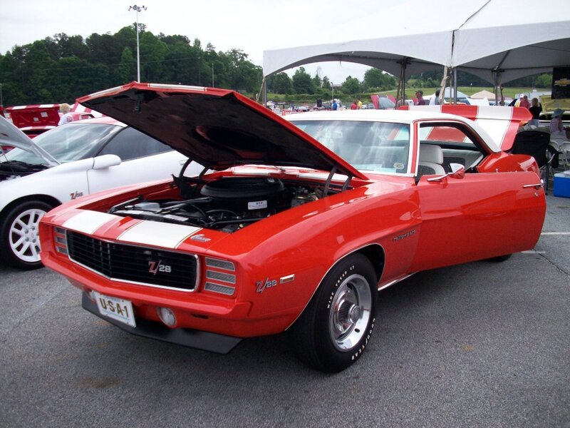 Red Classic Muscle Car — Showcase, Afternoon, Photograph, Car Show, Open Hood, White Tent