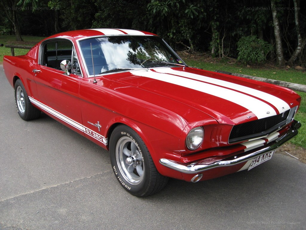 Red classic Mustang with stripes