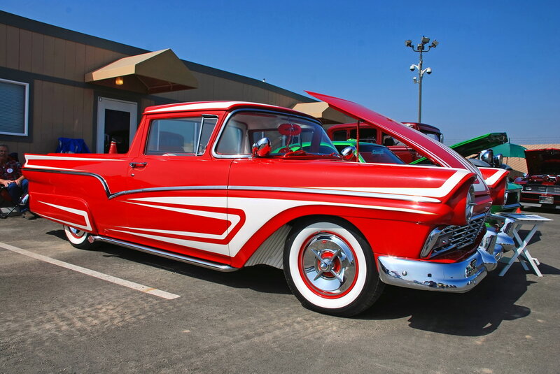 Red Classic Pickup Truck — Bright, Afternoon, Photograph, Car Show