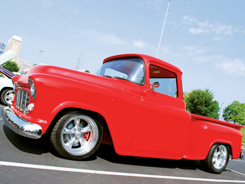 Red Classic Pickup Truck — Bright, Afternoon, Photograph, Parking Lot