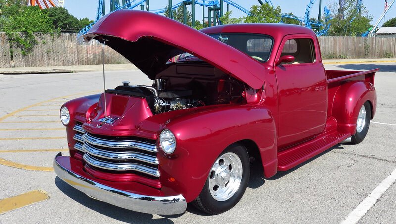 Red Classic Pickup Truck — Bright, Afternoon, Photograph, Roller Coaster