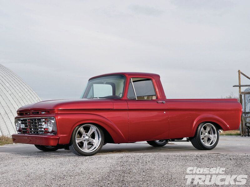 Red Classic Pickup Truck — Calm, Afternoon, Photograph, Building