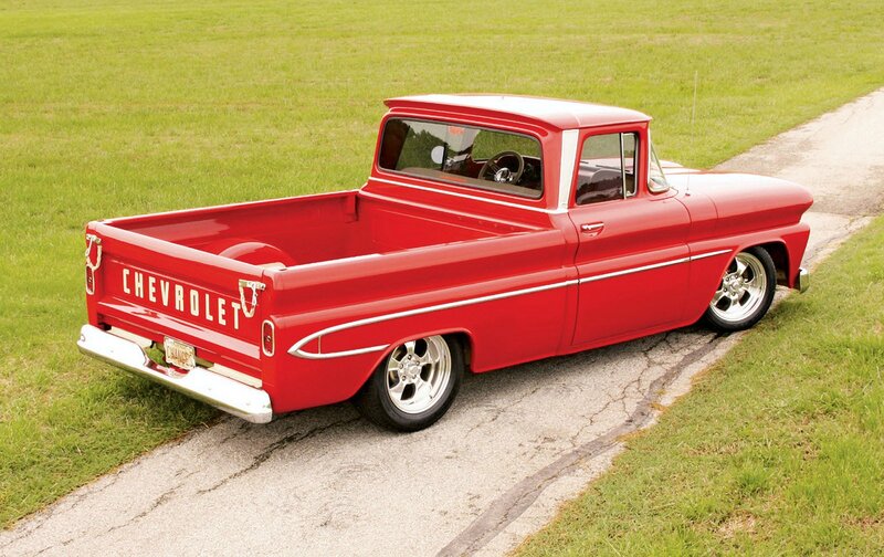 Red Classic Pickup Truck — Calm, Afternoon, Photograph, Grass
