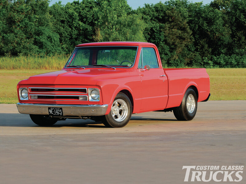Red Classic Pickup Truck — Calm, Afternoon, Photograph, Trees, Grass